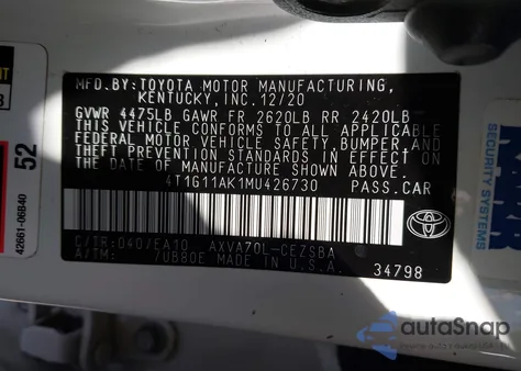2021 Toyota Camry Se from USA, damaged, VIN 4T1G11AK1MU426730